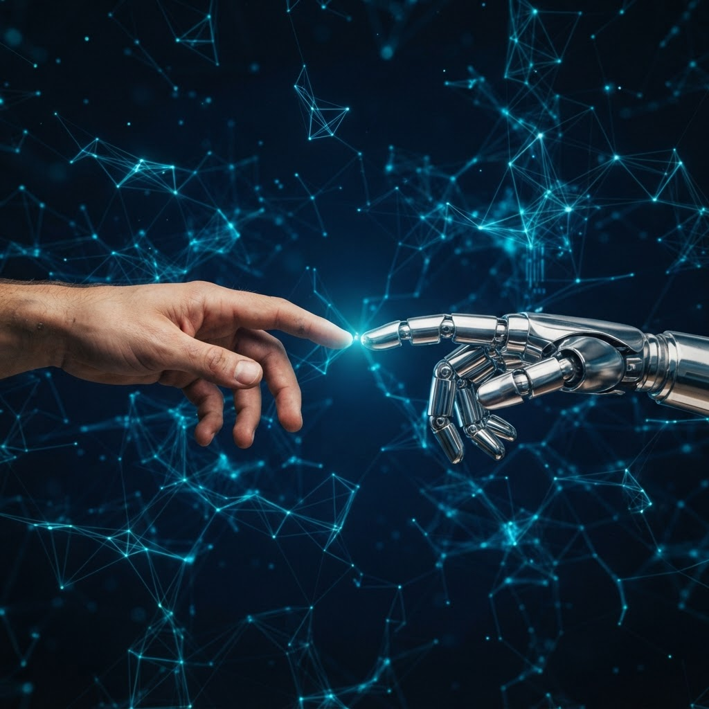 A human hand reaching toward a robotic hand across a glowing network